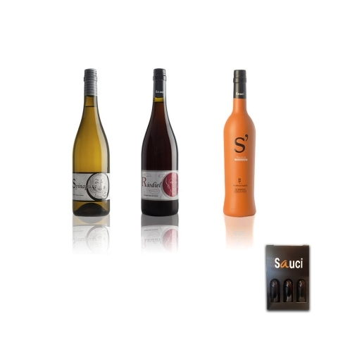 Sauci. Spinapura + Riodel + S'Naranja. Grapes Palomino fino, listan and Pedro Ximenez (orange). Box of 3 bottles